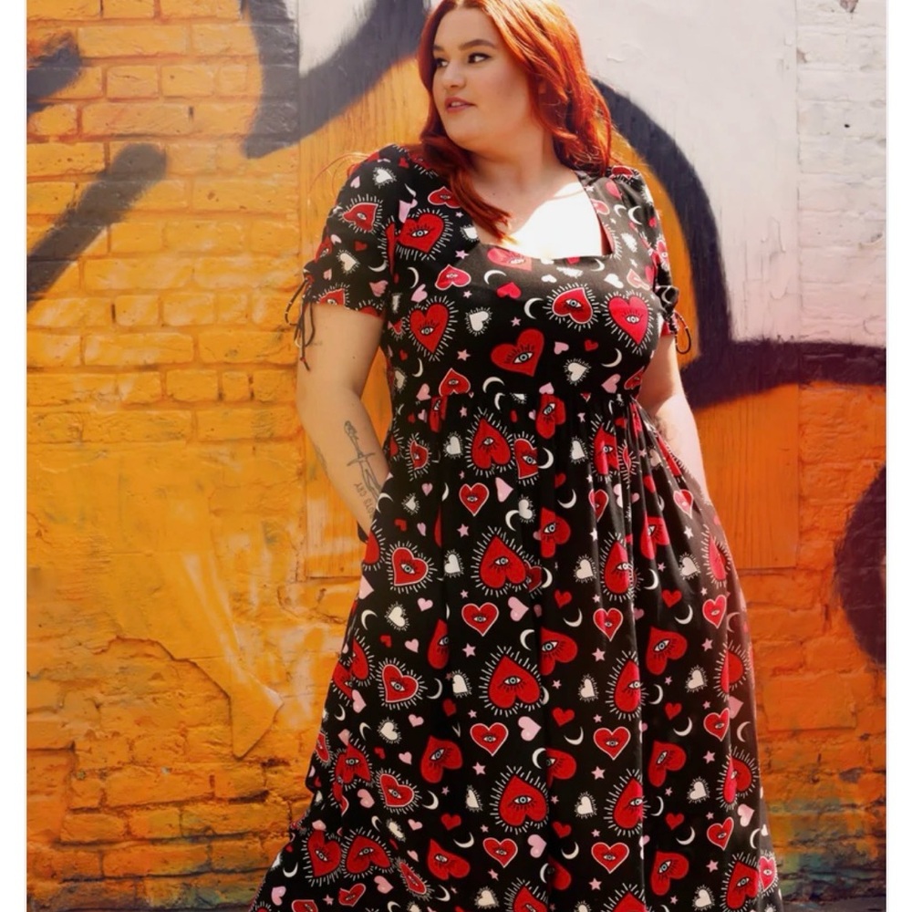 Hell Bunny Kate Heart Black Maxi Dress with Red Heart and Evil Eye Print